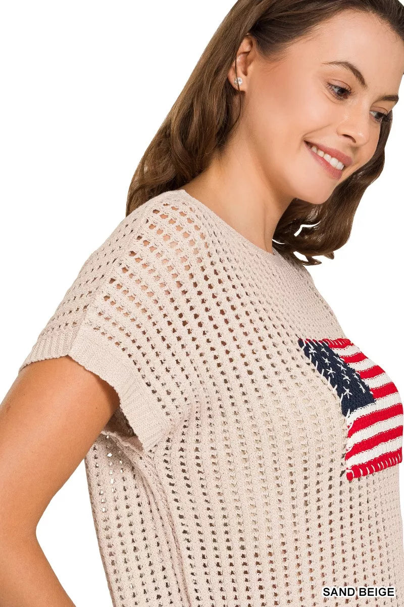 Zenana Viscose American Flag Openwork Knit Top