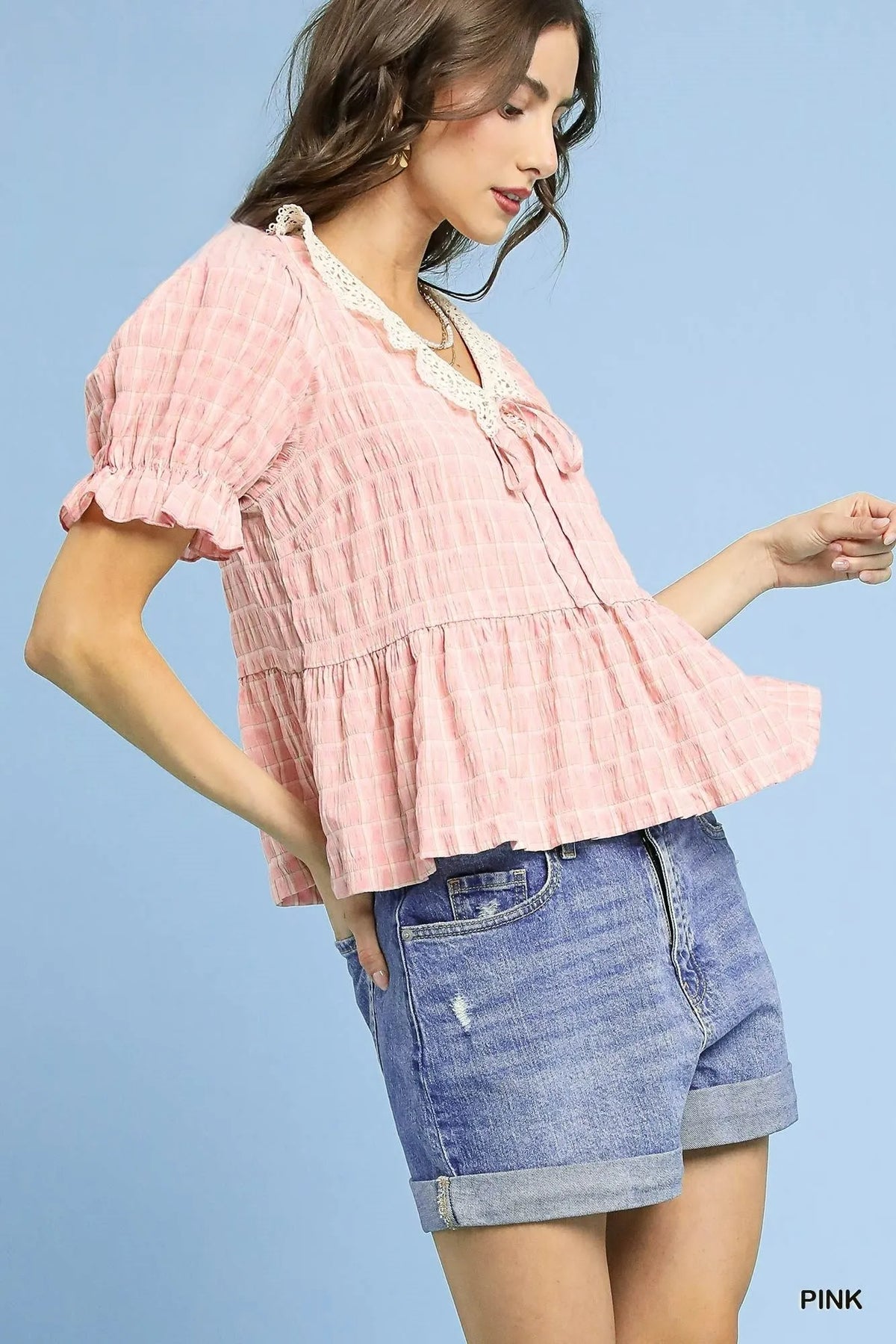 Umgee Short Sleeve Gingham Lace Peplum Blouse