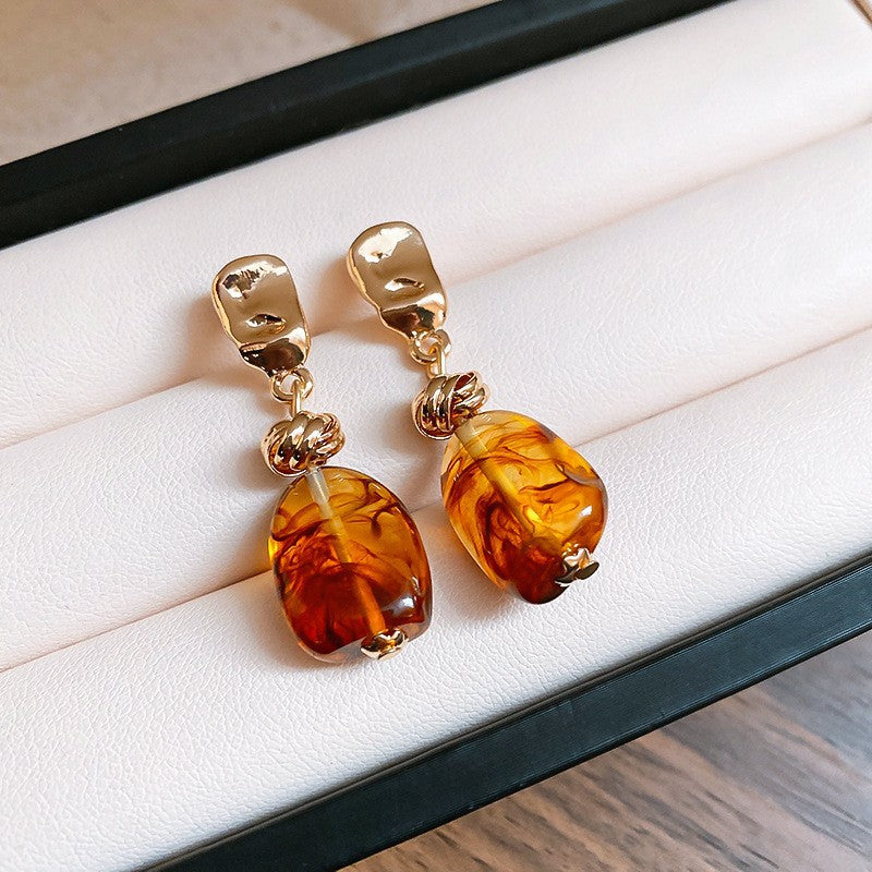 Vintage Amber Resin Square Stud Earrings