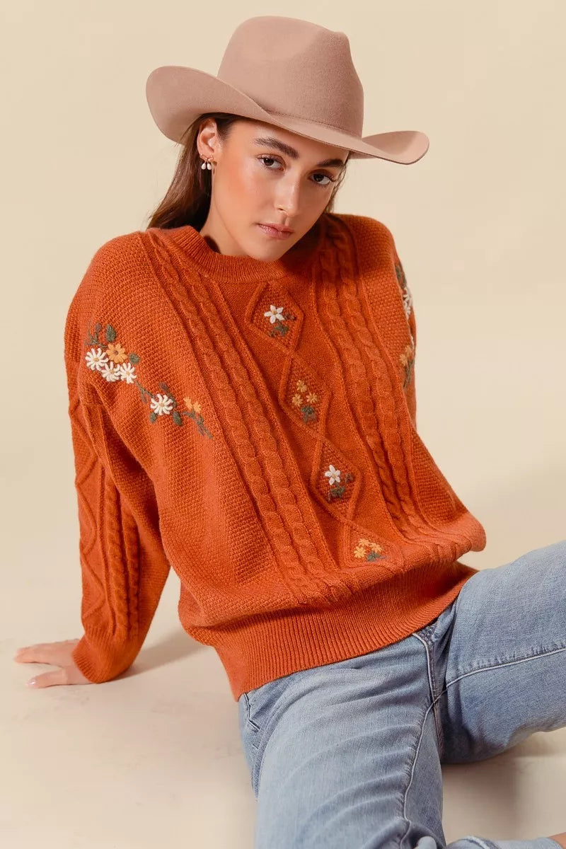 SO ME Embroidered Flower Cable Knitted Sweater