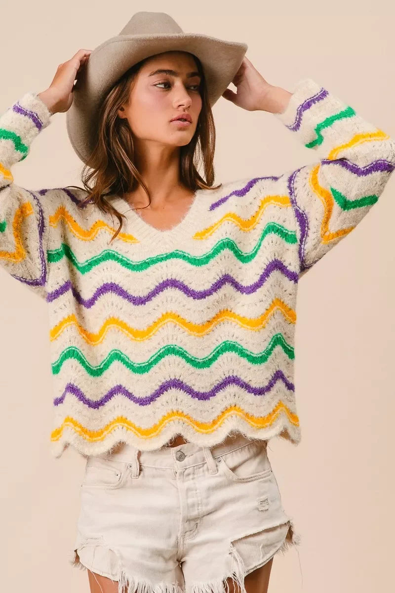 BiBi Mardi Gras Wavy Stripes V-Neck Sweater