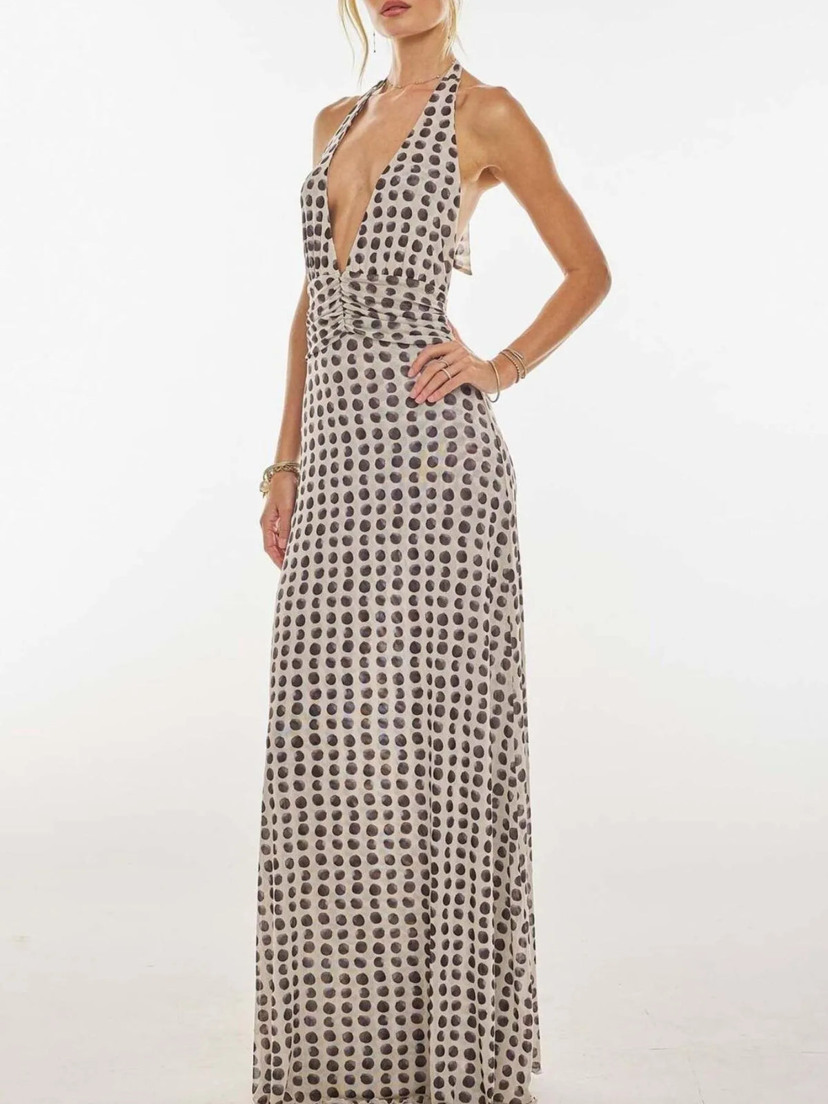Floral Halter Neck Deep V Maxi Dress