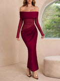 Off-Shoulder Long Sleeve Ruched Bodycon Maxi Dress