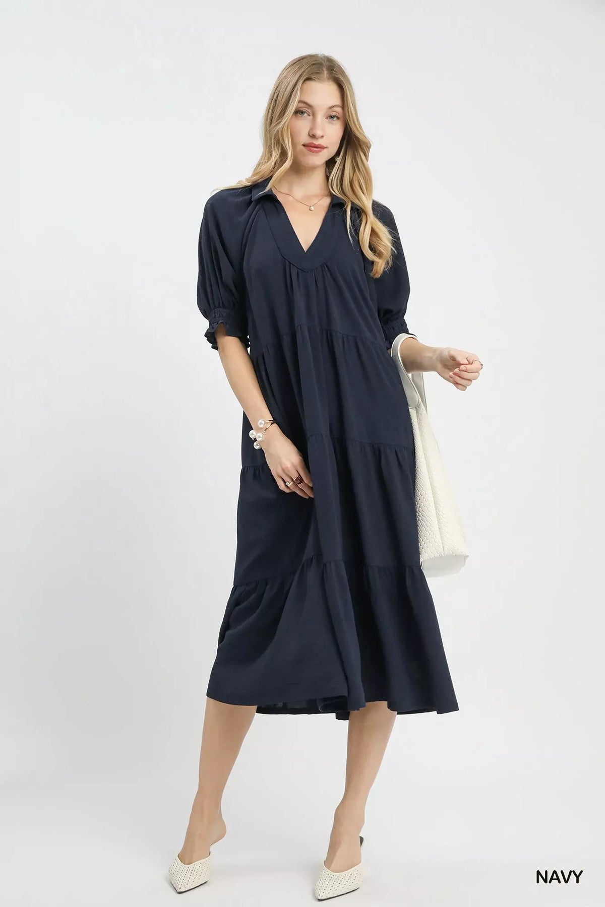 Umgee Solid Tiered Midi Dress