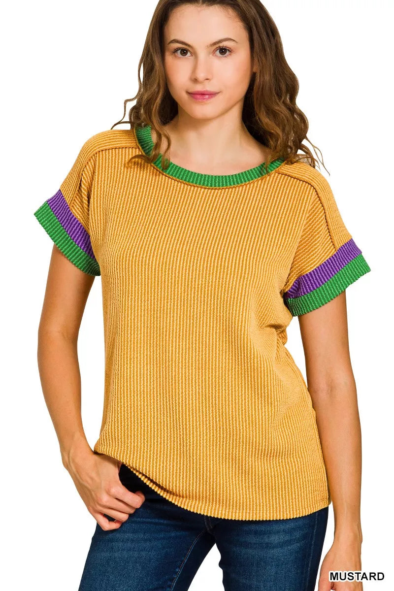 Zenana Mardi Gras Raised Rib Contrast Trim Top