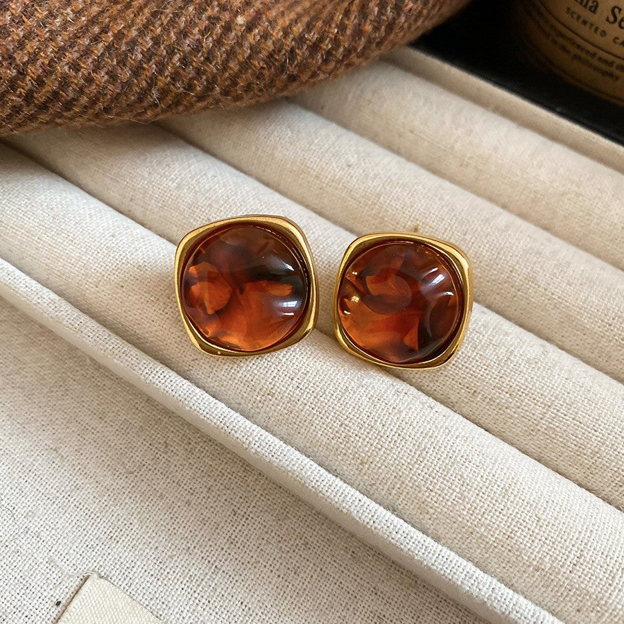 Vintage Amber Resin Square Stud Earrings