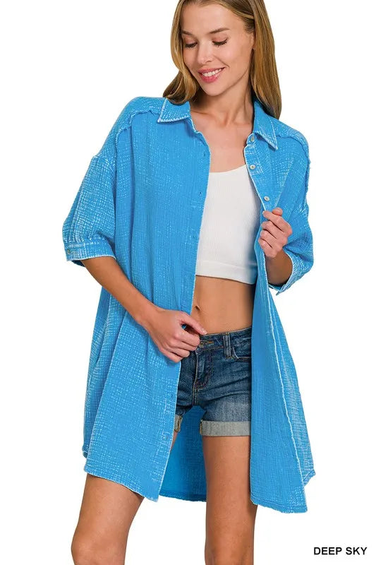 Zenana Washed Double Gauze Button Down Shirt Dress