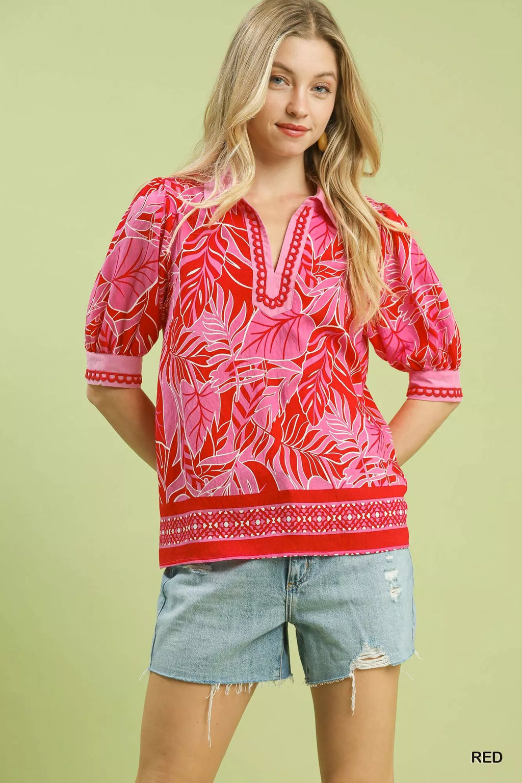 Umgee Tropical Print Puff Sleeve Blouse