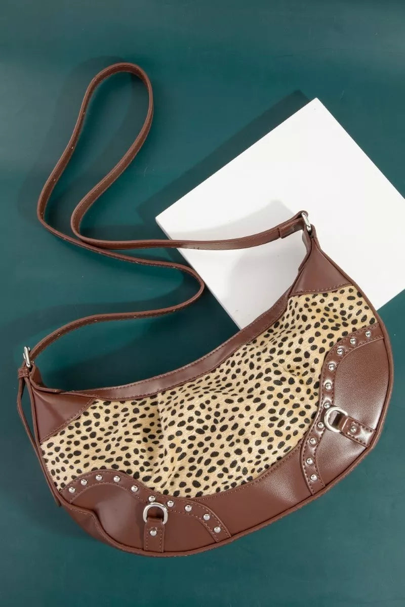 Fame Spotted Leopard Print Half Moon Shoulder Bag