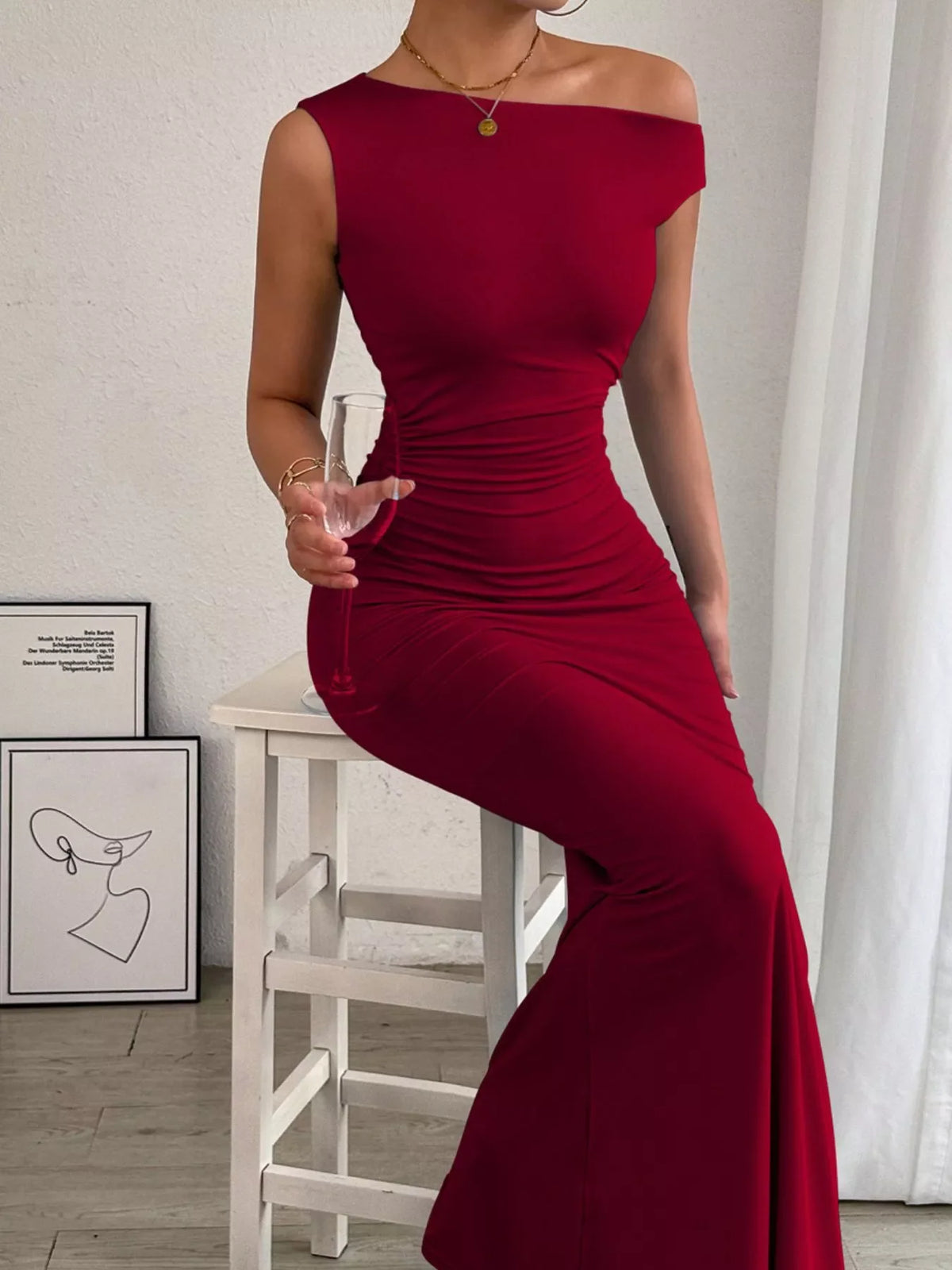 One-Shoulder Ruched Bodycon Maxi Dress