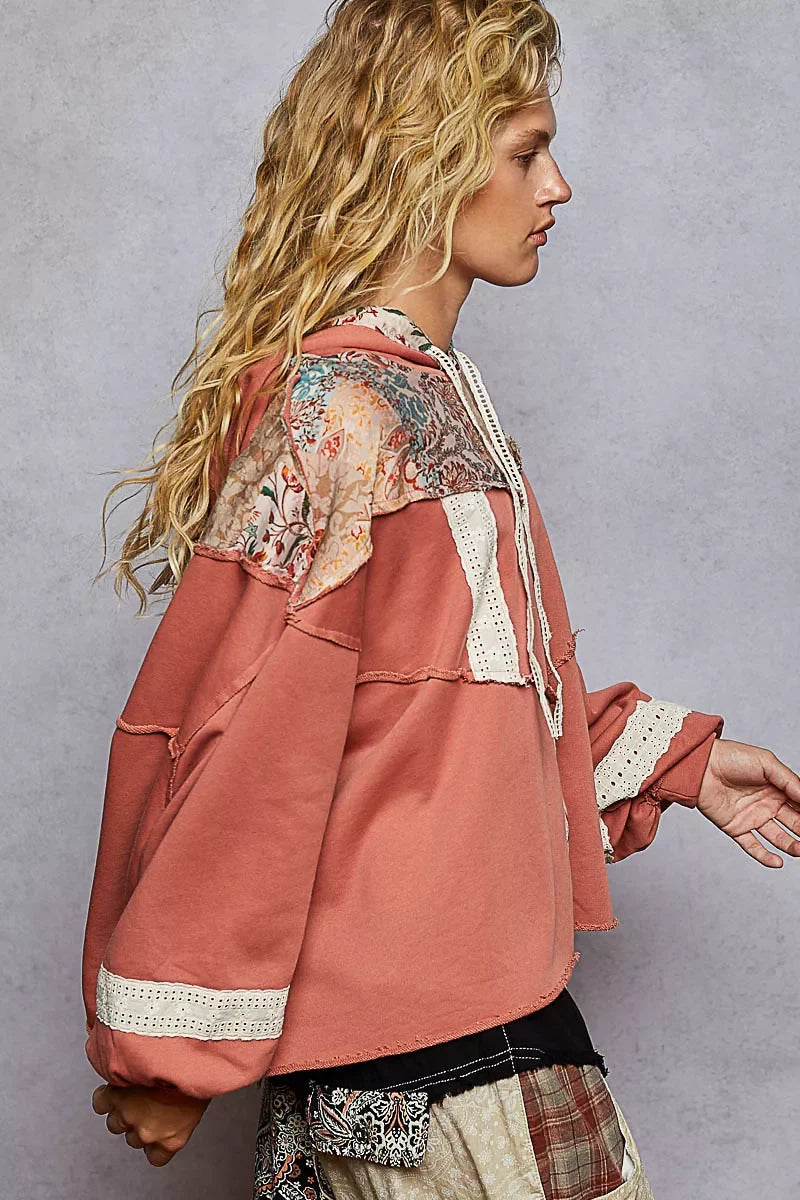 POL Drawstring French Terry Hoodie with Gauze Print Patch