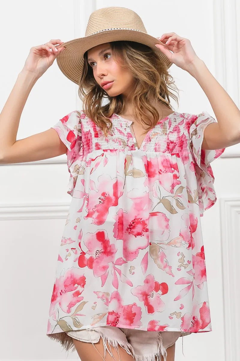 BiBi Floral Print Flutter Sheer Top