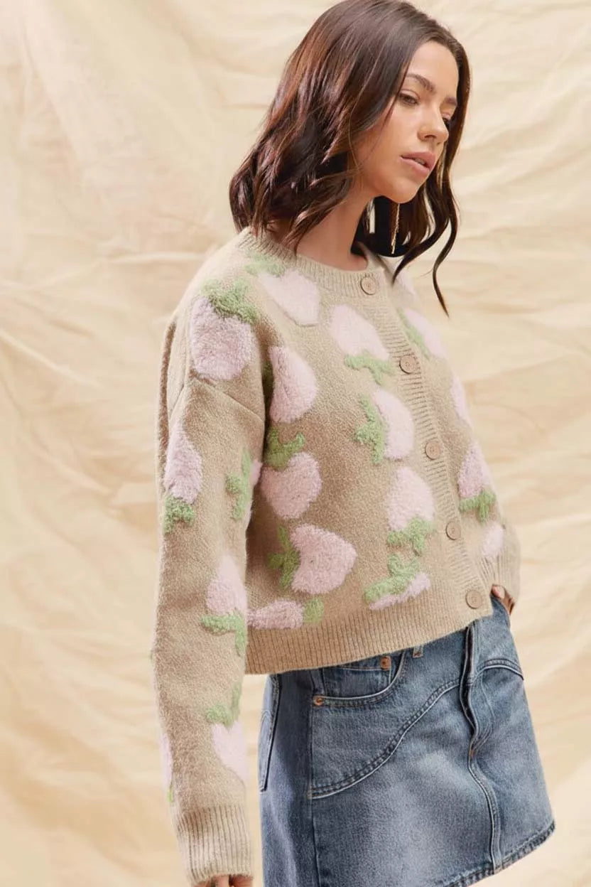 SO ME Strawberry Fruit All Over Button Sweater Cardigan