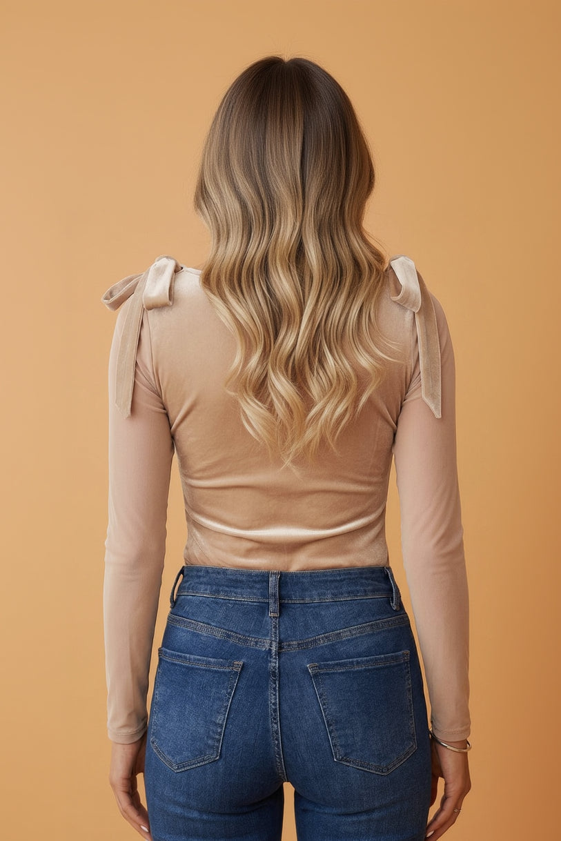 Solid Velvet Knot Square Neck Long Sleeve Bodysuit-1