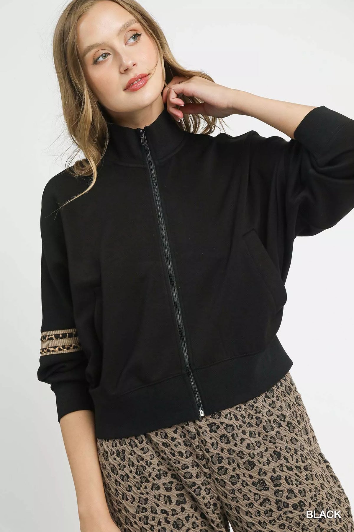 Umgee Zipper Up Cropped Jacket with Leopard Trim