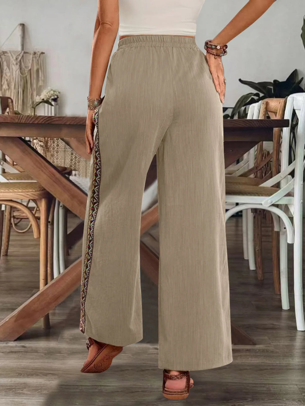 Bohemian Wide Leg Embroidered Side Stripe Pants