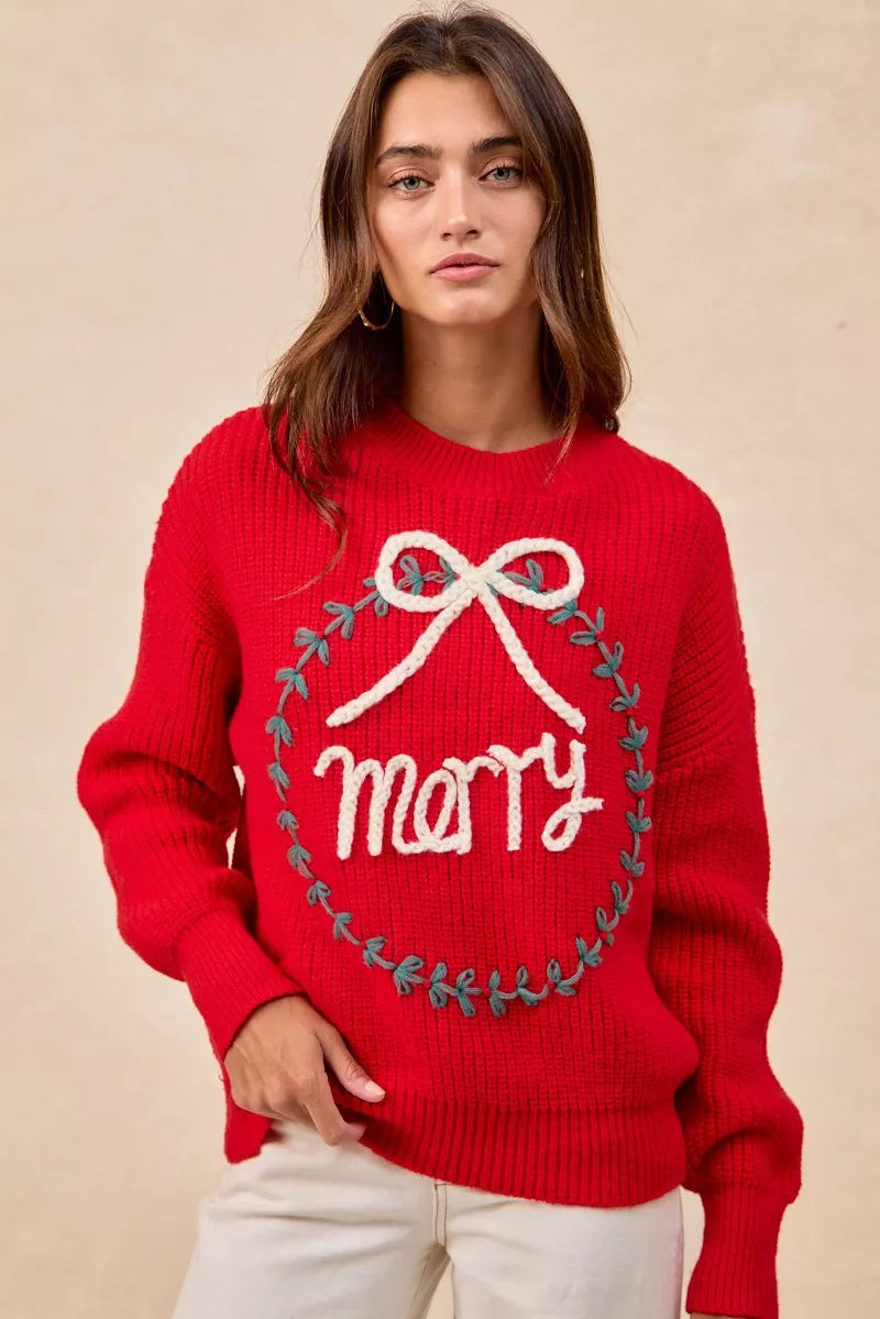 BiBi Christmas Wreath Merry Letter Knit Top