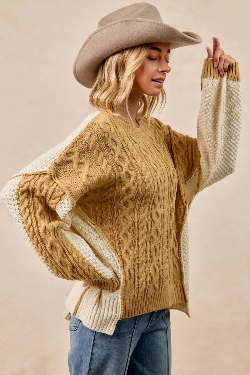 BiBi Cable Knit With Hacci Combo Sweater With Uneven Hem Detail
