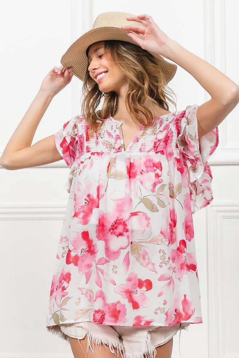 BiBi Floral Print Flutter Sheer Top