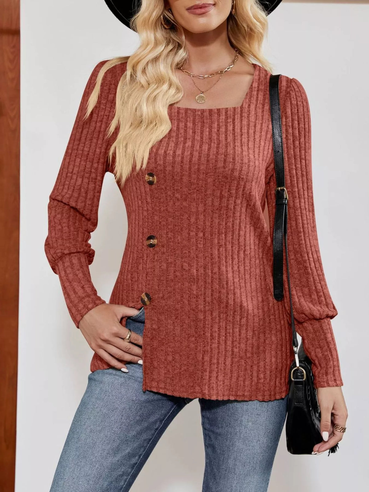 Ribbed Knit Slit Long Sleeve T-Shirt