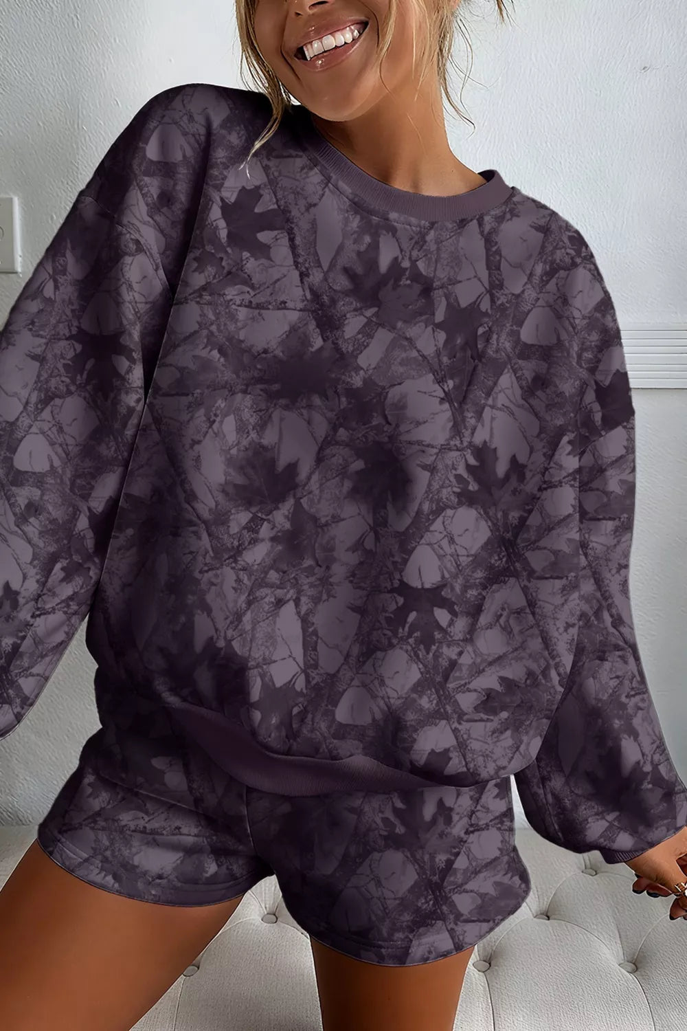 Abstract Woodland Camo Print Baggy Pullover Drawstring Shorts Set