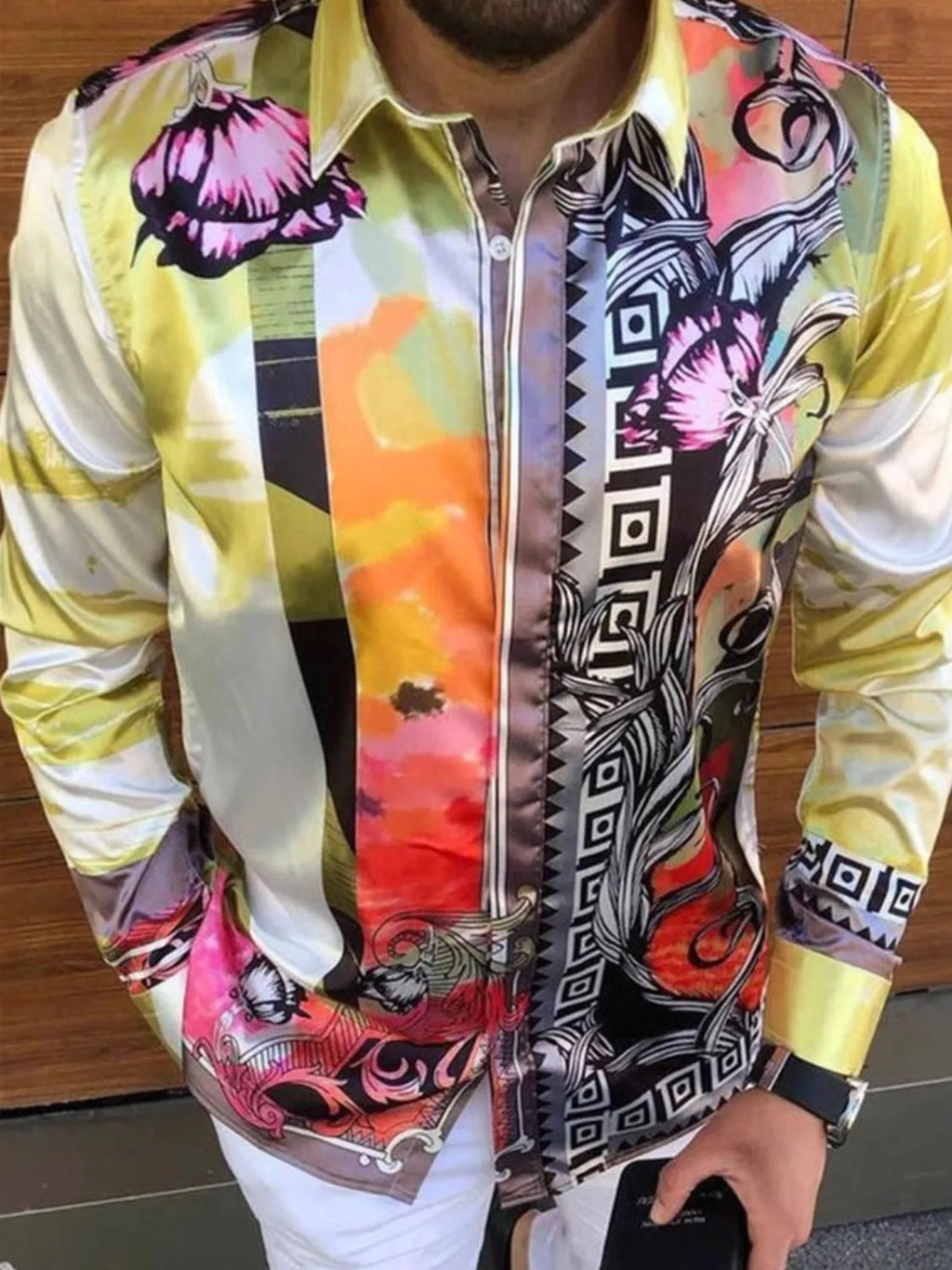 Men's Plus Size Printed Button Up Long Sleeve Shirt