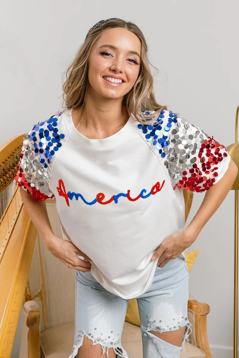BiBi America Letter Applique Spangle Puff Sleeves Top
