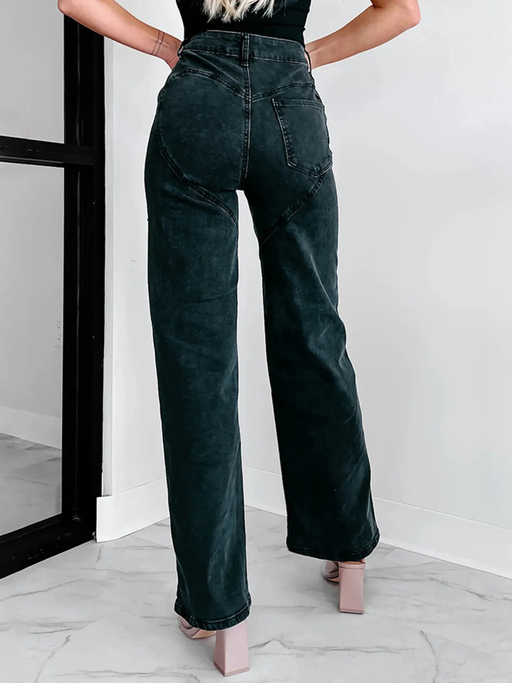 Ripped Wide Leg Wash Denim Jeans
