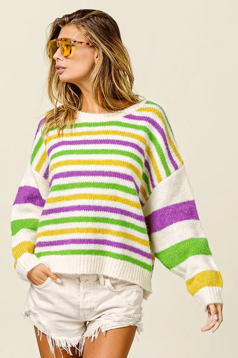 BiBi Mardi Gras Colors Stripe Comfy Sweater