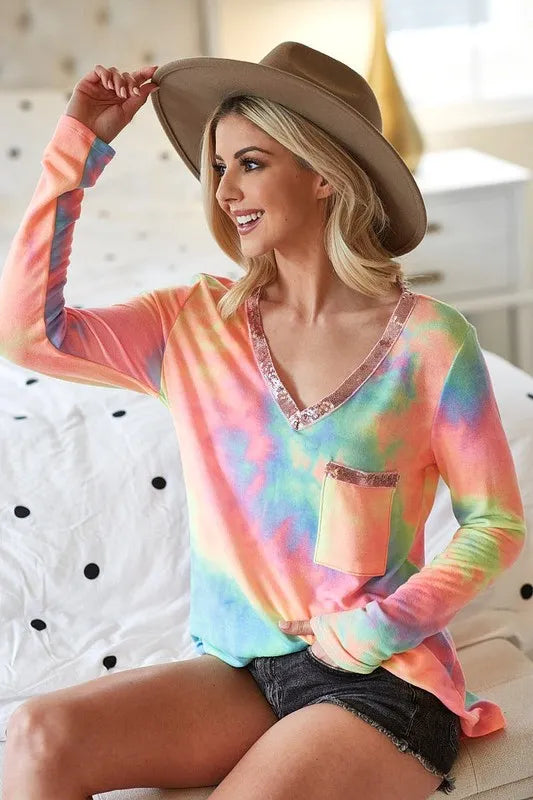 BiBi Tie Dye V-neck Terry Knit Top With Sequins