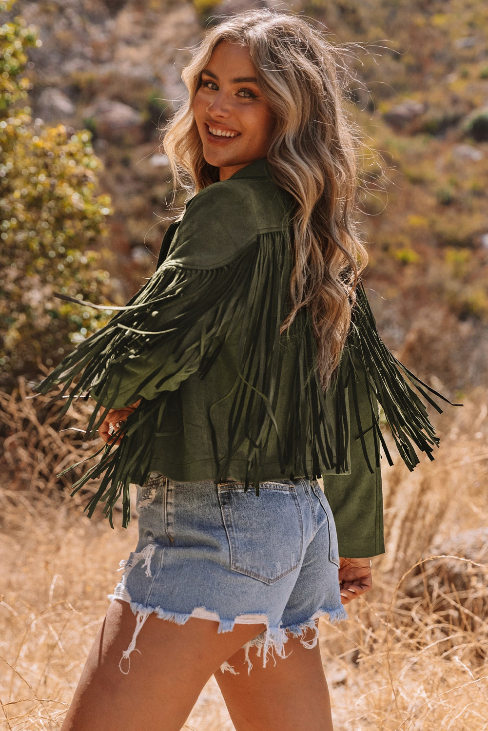 Western Faux Suede Fringe Cropped Jacket-2