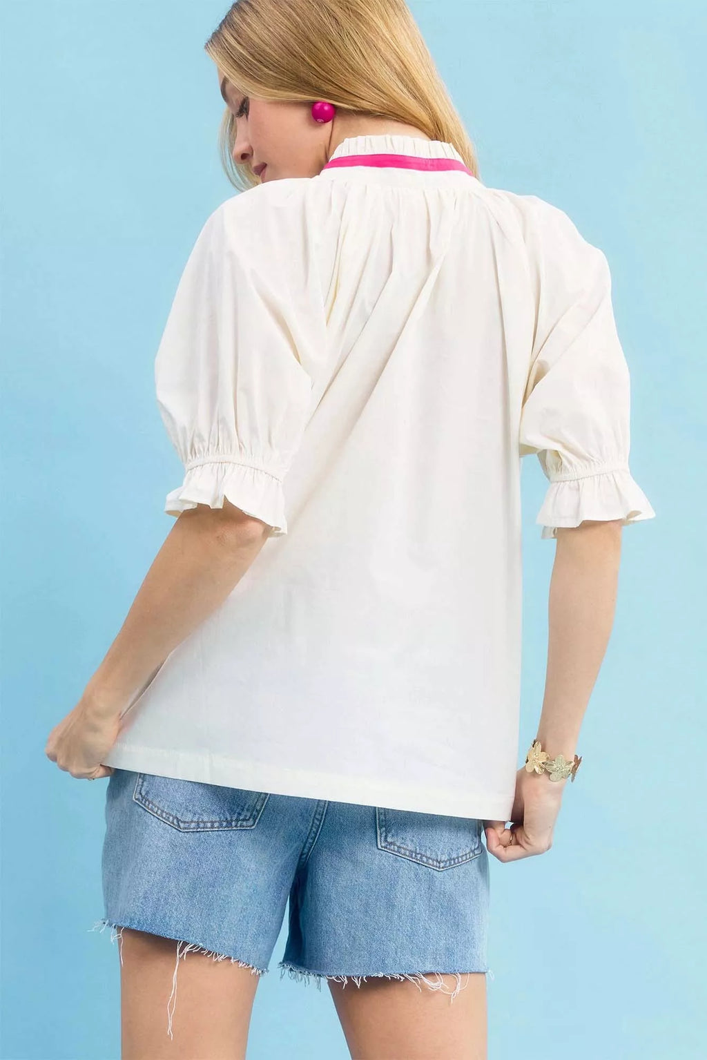 Umgee Embroidered Floral Top with Contrast Trim