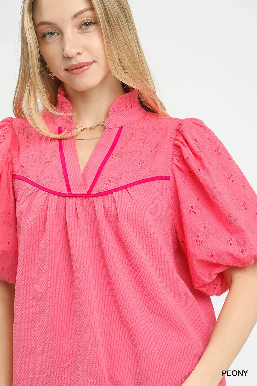 Umgee Puff Sleeve Eyelet Mix Top with Contrast Piping
