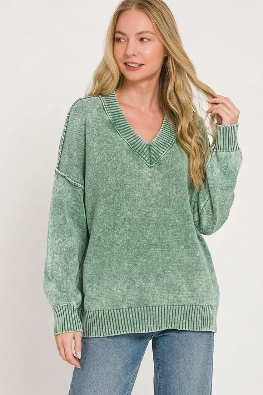 Zenana Washed Deep V-neck Oversized Sweater-1