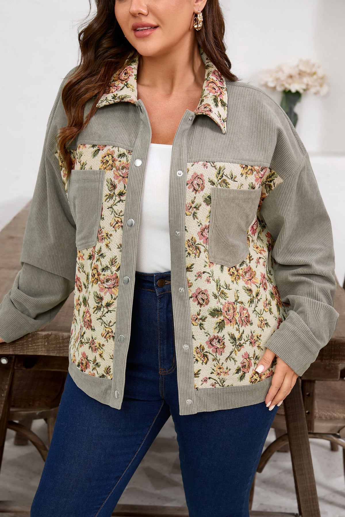 Plus Size Floral Patchwork Corduroy Pocketed Jacket-2