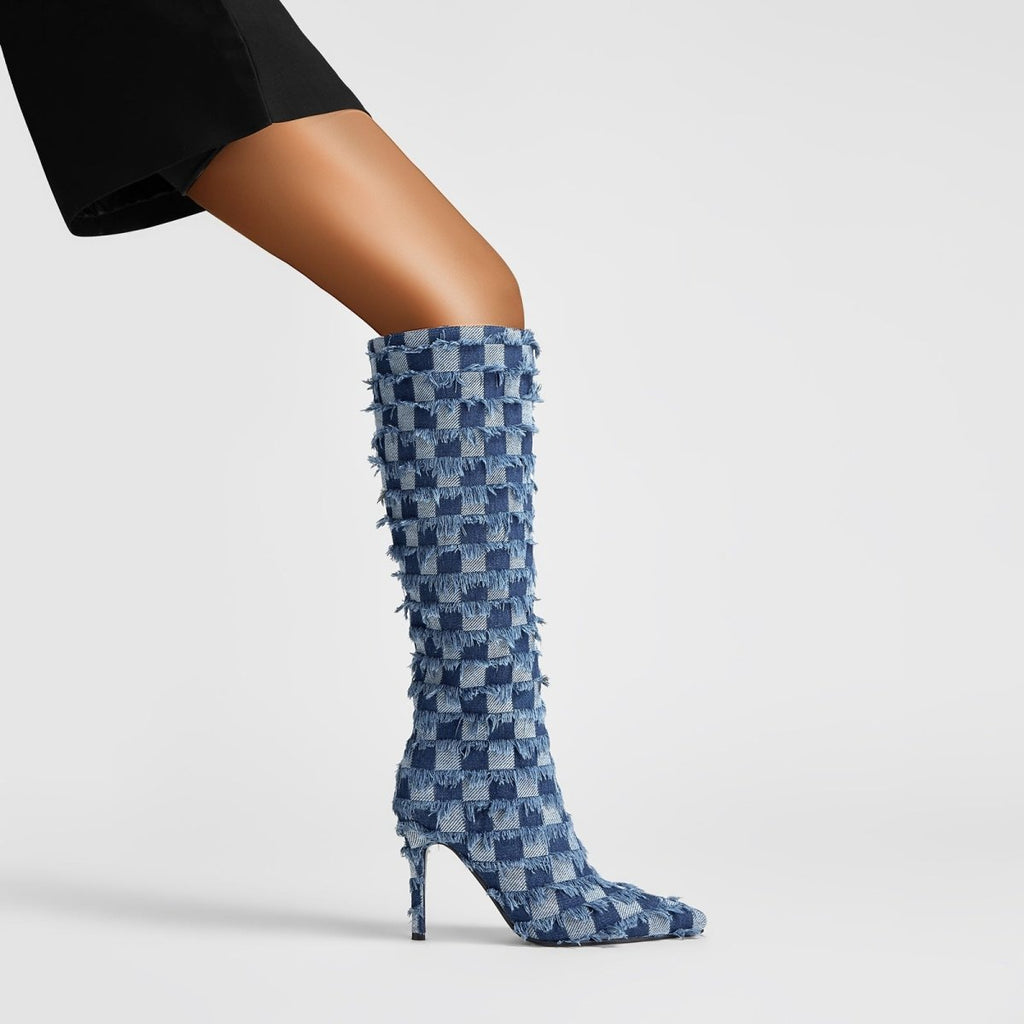 Frayed Checkered Blue Denim Knee High Boots