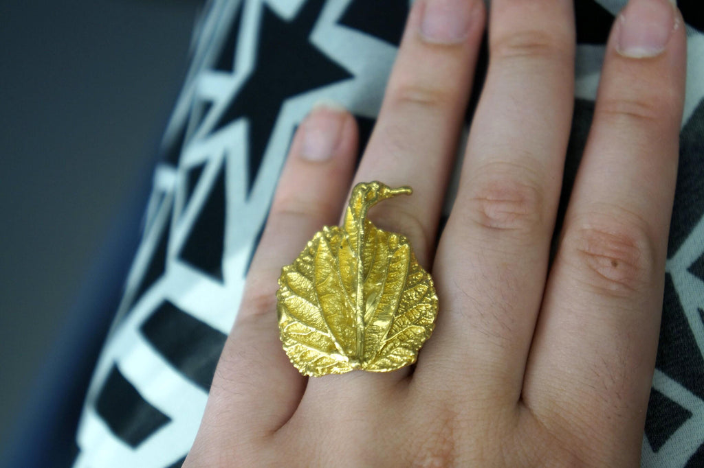 Mulberry Leaf Ring: Handmade 14K Gold Recycled Brass Botanical Jewelry-4