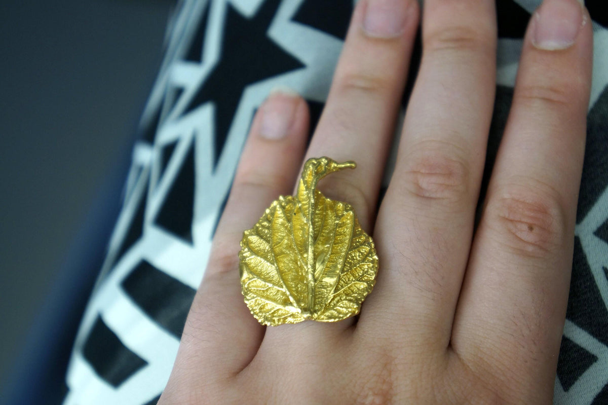 Mulberry Leaf Ring: Handmade 14K Gold Recycled Brass Botanical Jewelry-4