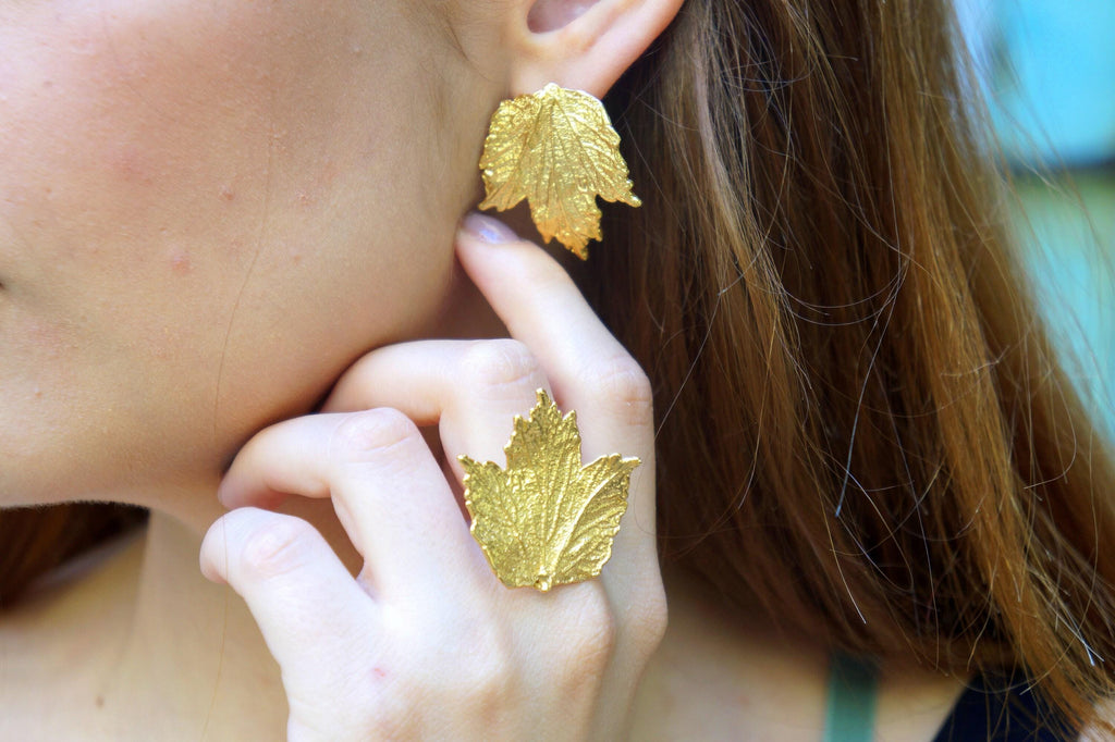Bourbon Rose Leaf Ring - Adjustable Gold-Plated Brass Jewelry
