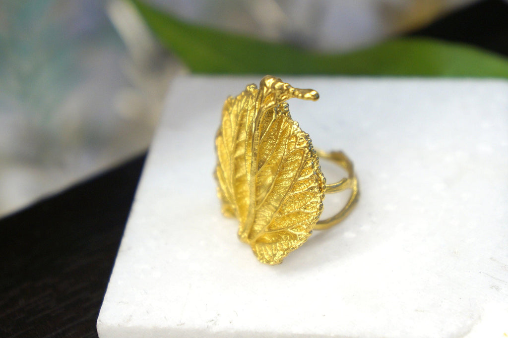 Mulberry Leaf Ring: Handmade 14K Gold Recycled Brass Botanical Jewelry-0