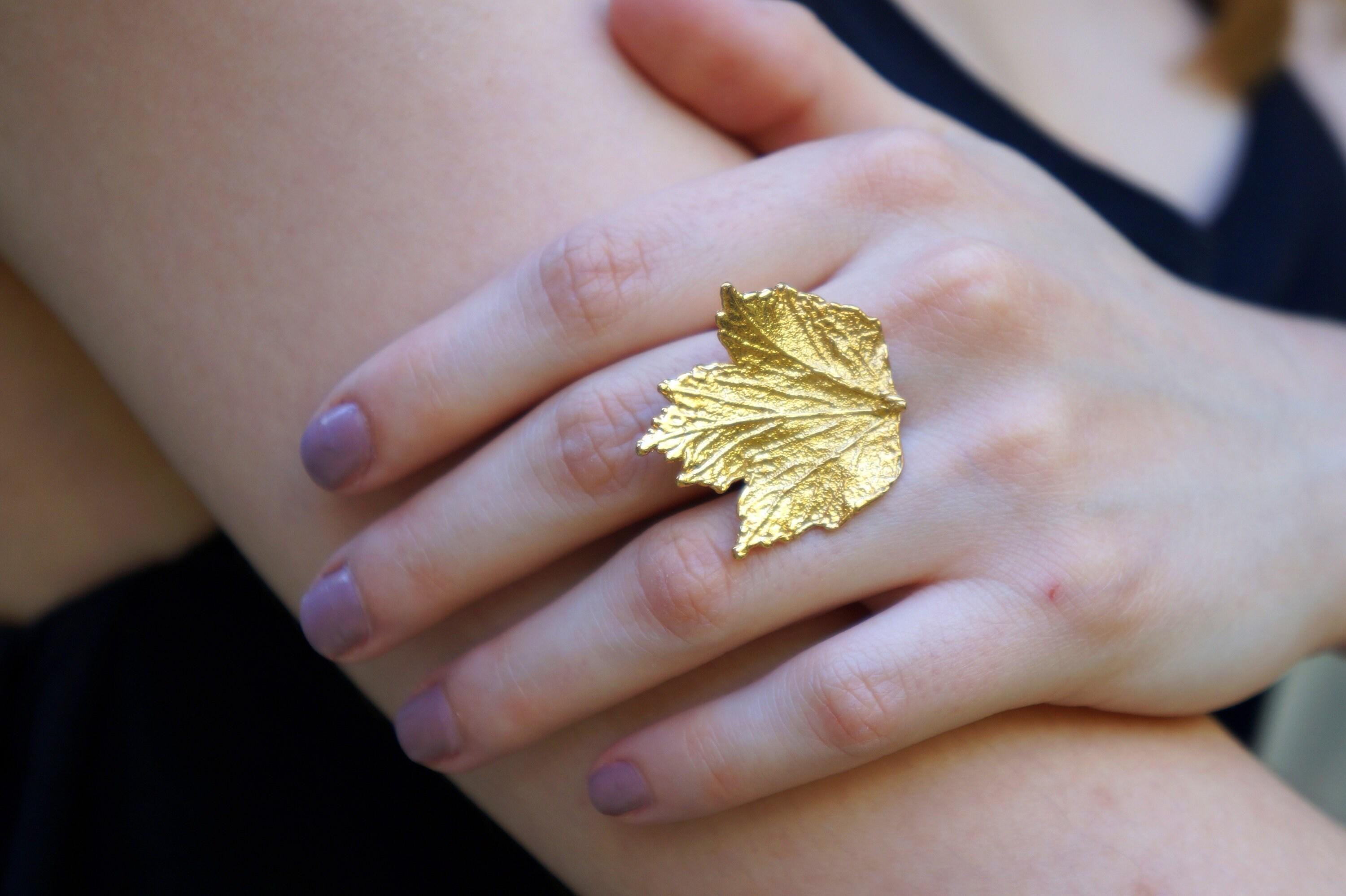 Bourbon Rose Leaf Ring - Adjustable Gold-Plated Brass Jewelry