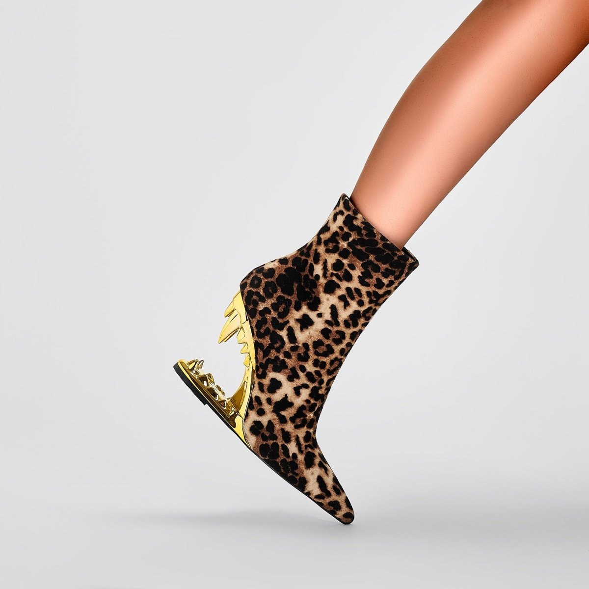Leopard Print Gold Bite Heel Ankle Boots