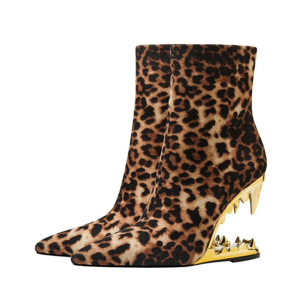 Leopard Print Gold Bite Heel Ankle Boots
