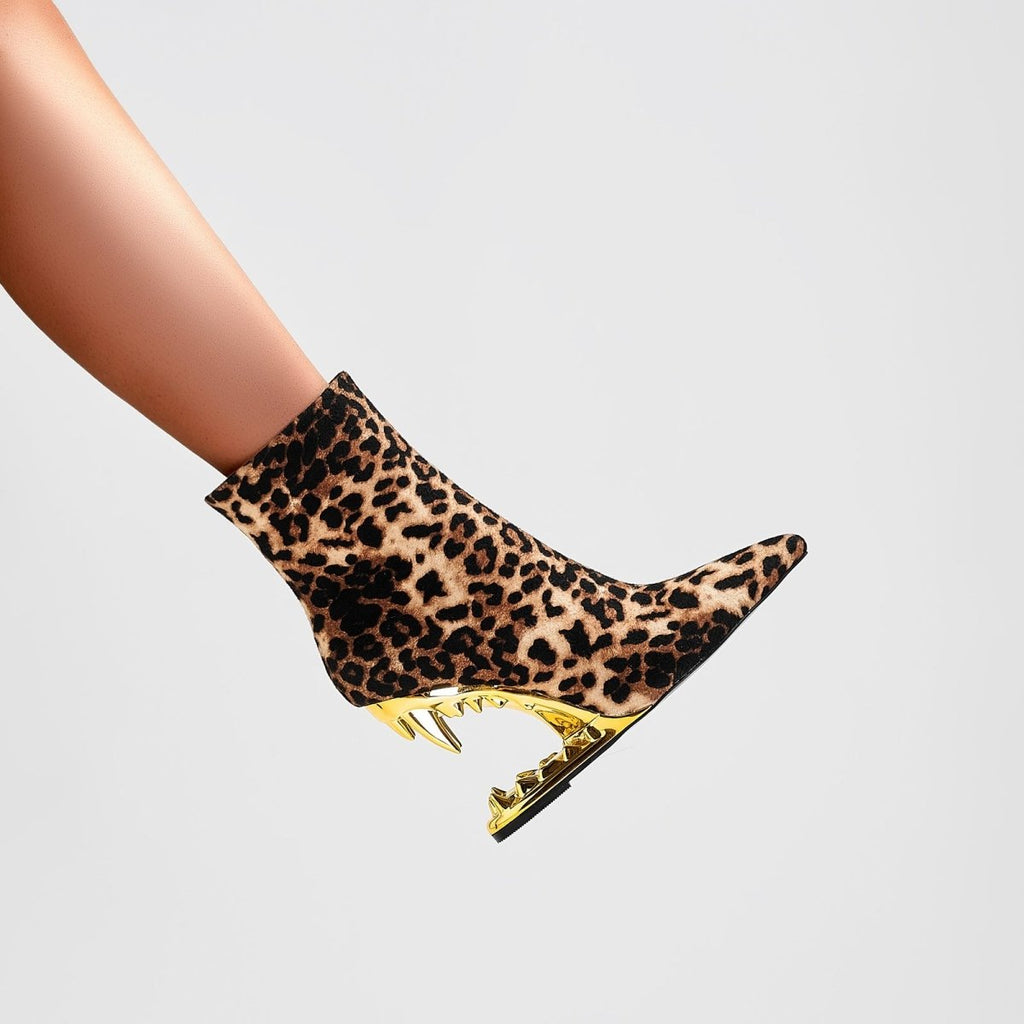 Leopard Print Gold Bite Heel Ankle Boots