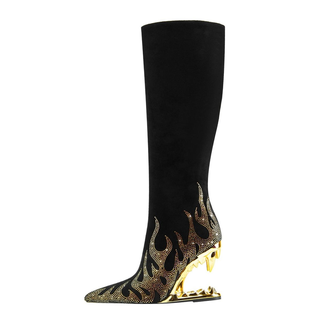 Metallic Flames Bite Heel Black Knee High Boots
