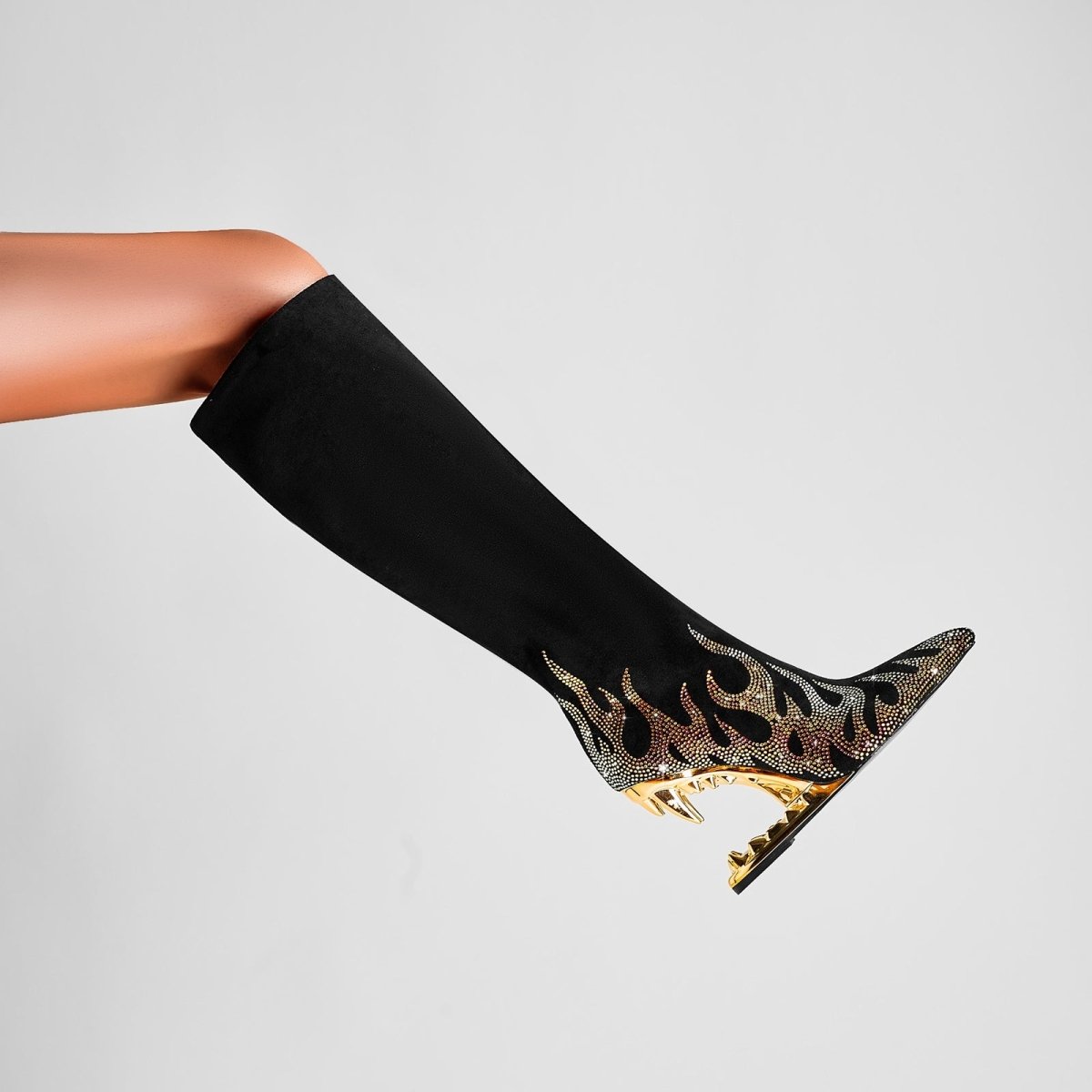 Metallic Flames Bite Heel Black Knee High Boots