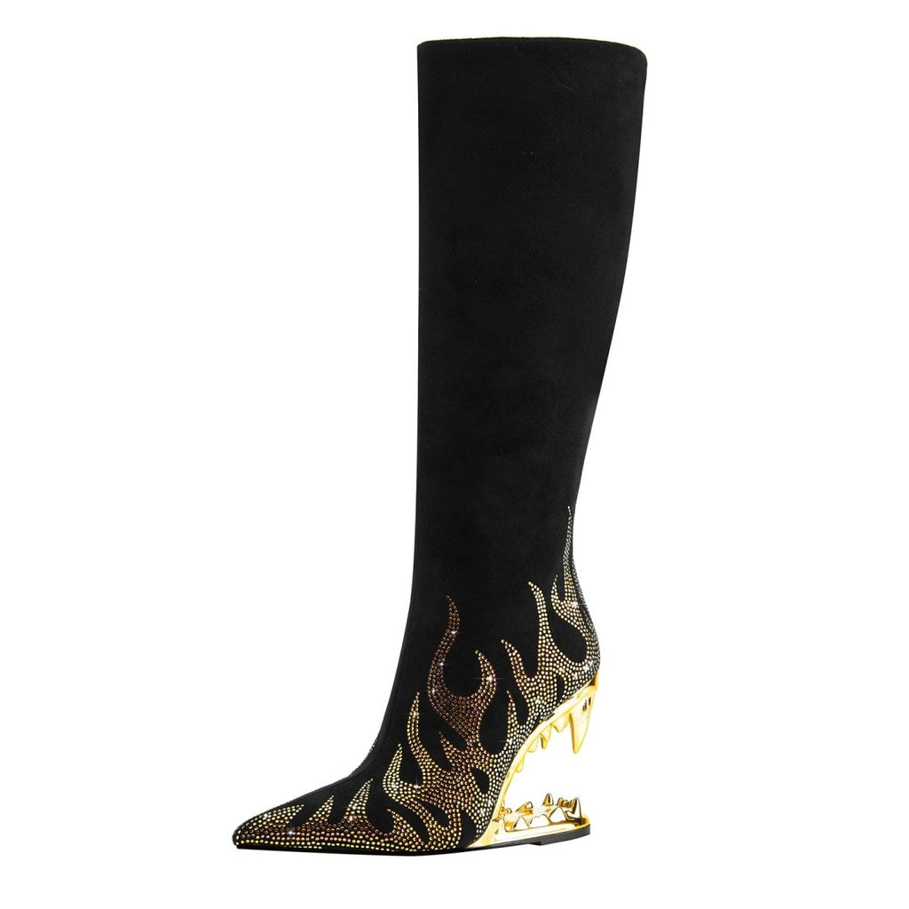 Metallic Flames Bite Heel Black Knee High Boots