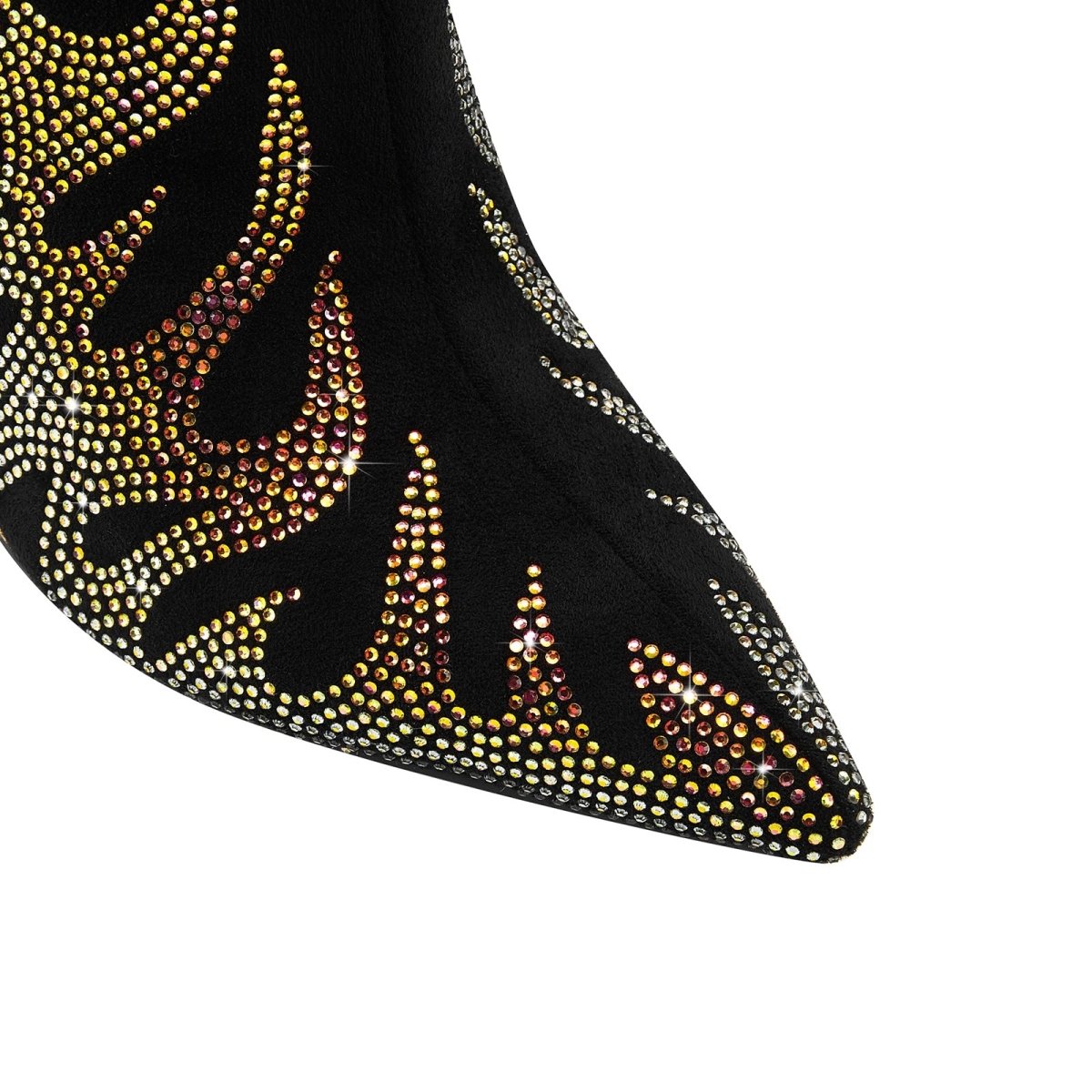 Metallic Flames Bite Heel Black Knee High Boots