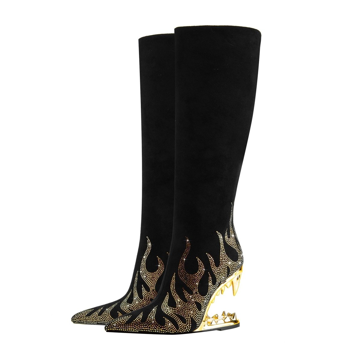 Metallic Flames Bite Heel Black Knee High Boots
