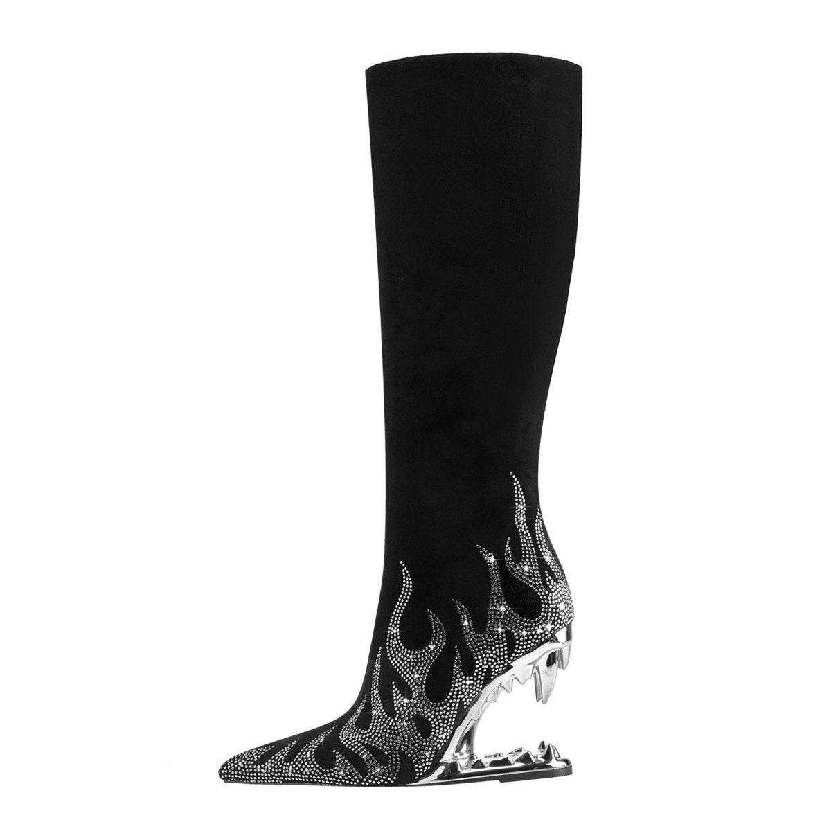 Metallic Flames Bite Heel Black Knee High Boots